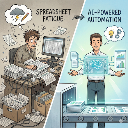 Comic style illustration showing transition from messy papers to clean digital interface